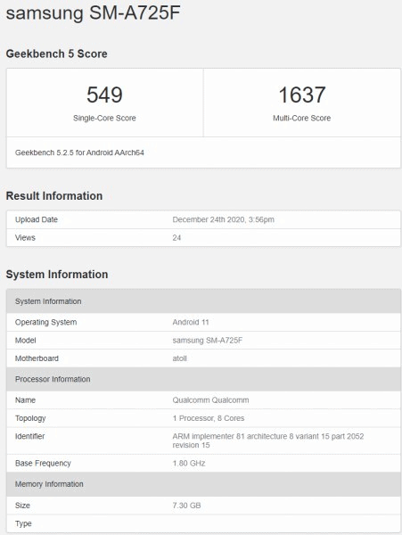 Samsung Galaxy A72 4G Spotted on Geekbench with Snapdragon 720G and 8 GB RAM 1 samsung-galaxy-a72-4g-spotted-on-geekbench