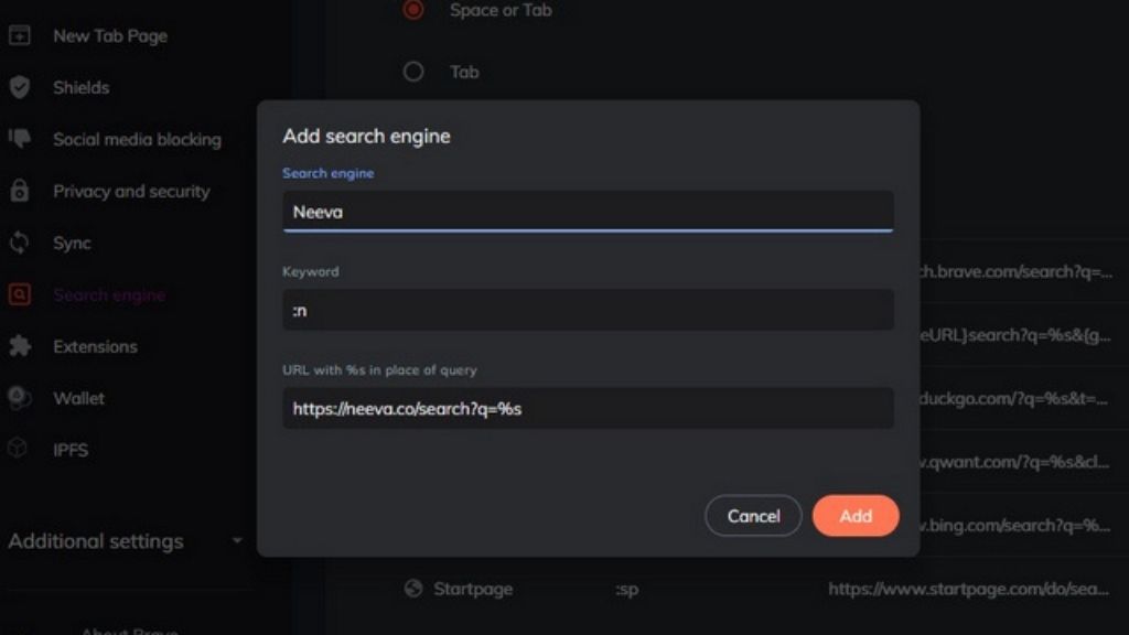 Custome search engine name brave