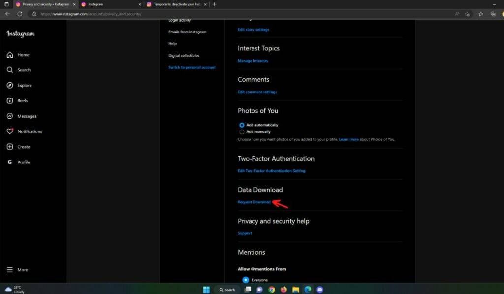 Instgram account data download 2
