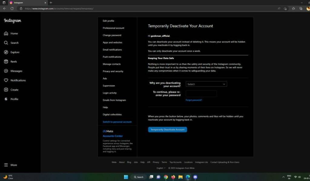 deactivate Instagram account web 3