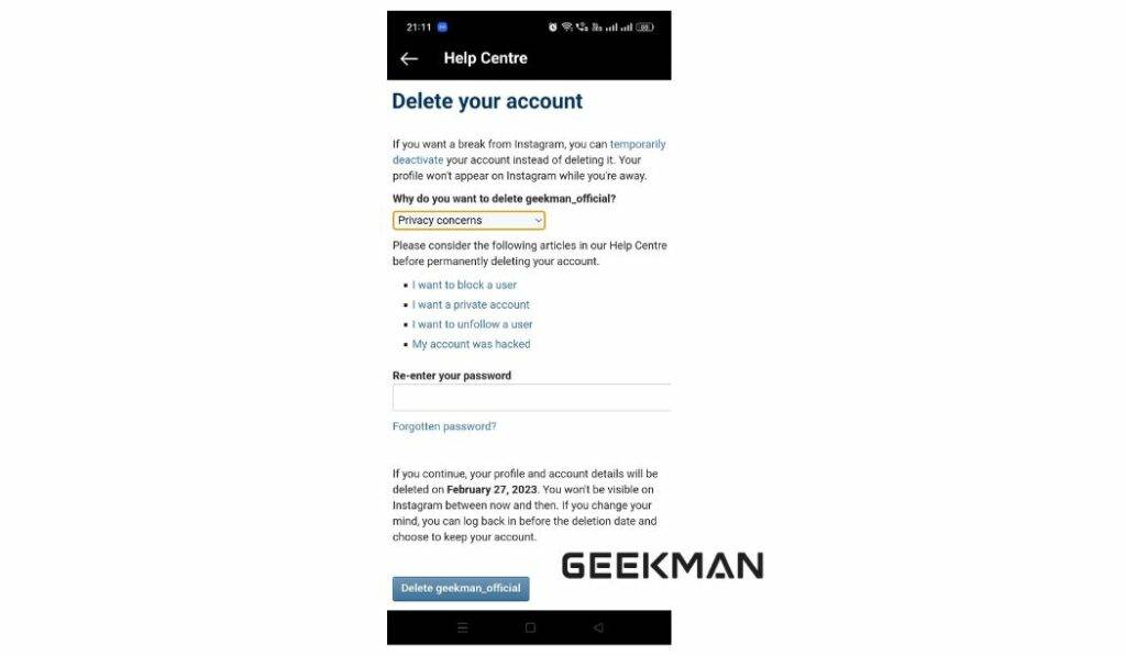 delete an Instagram account on android