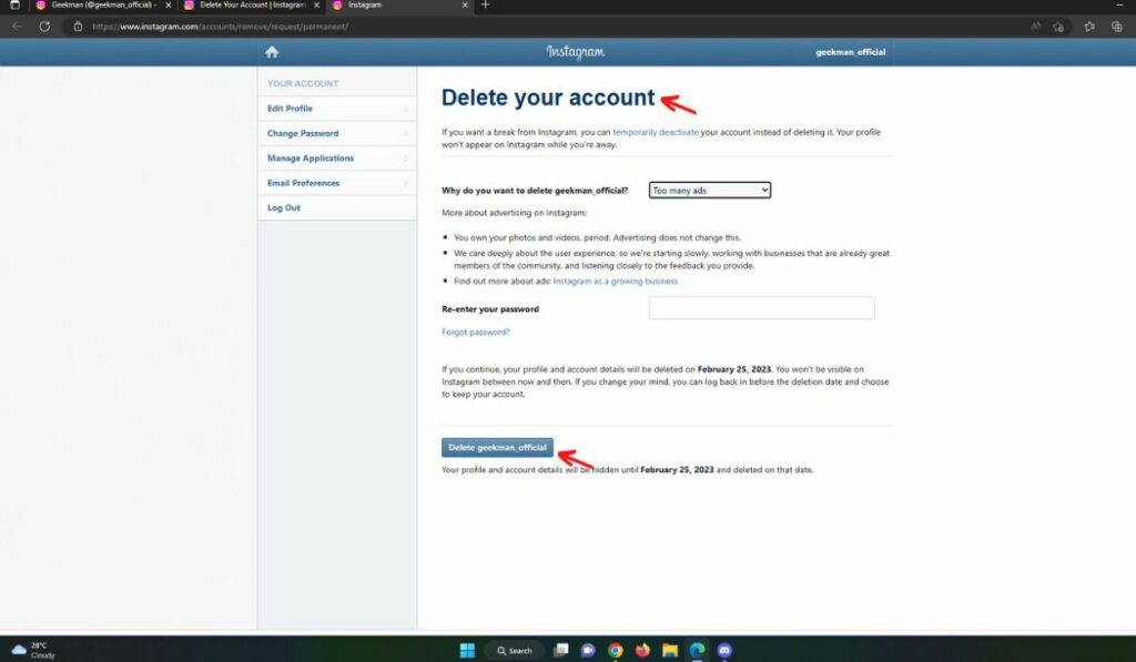 delete an Instagram account web