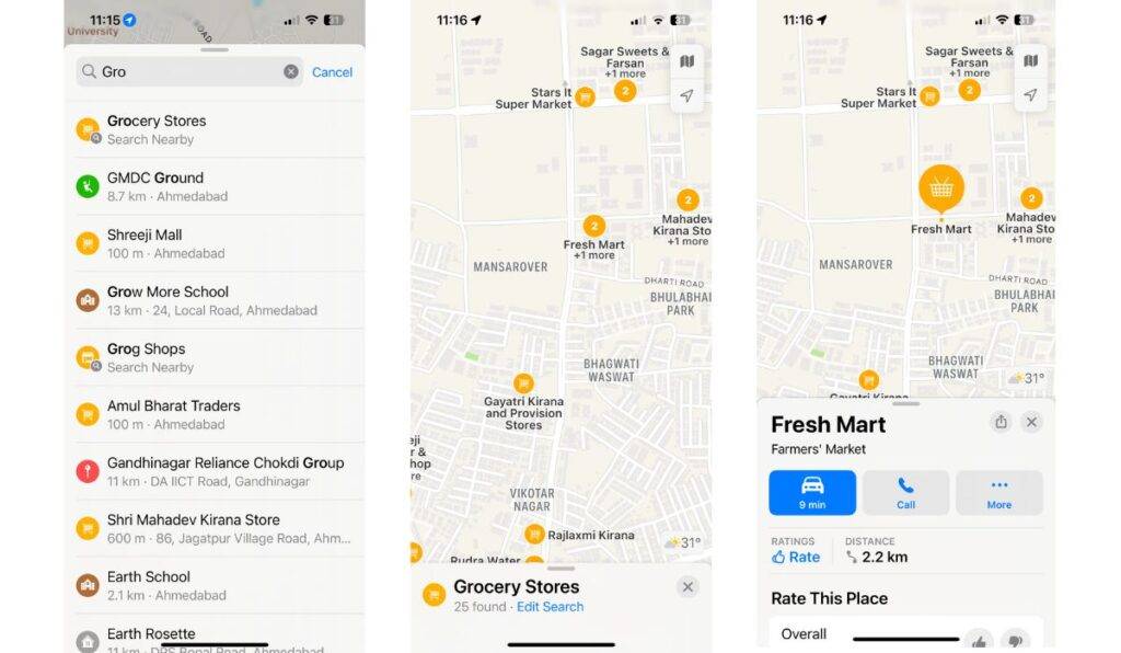 Nearest grocesy store using apple map